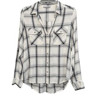 Tart Plaid Button Down Shirt M Gray White Hi-Low Blouse